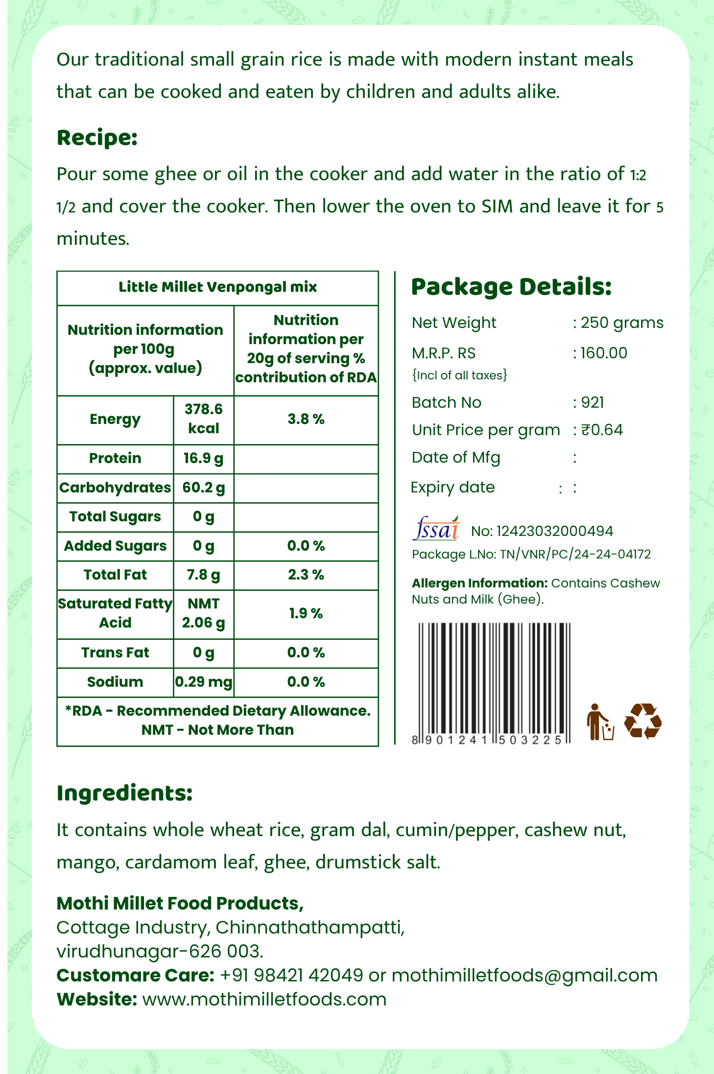 Mothi Millet Instant Little Millet Venpongal Mix – 250g - Image 3
