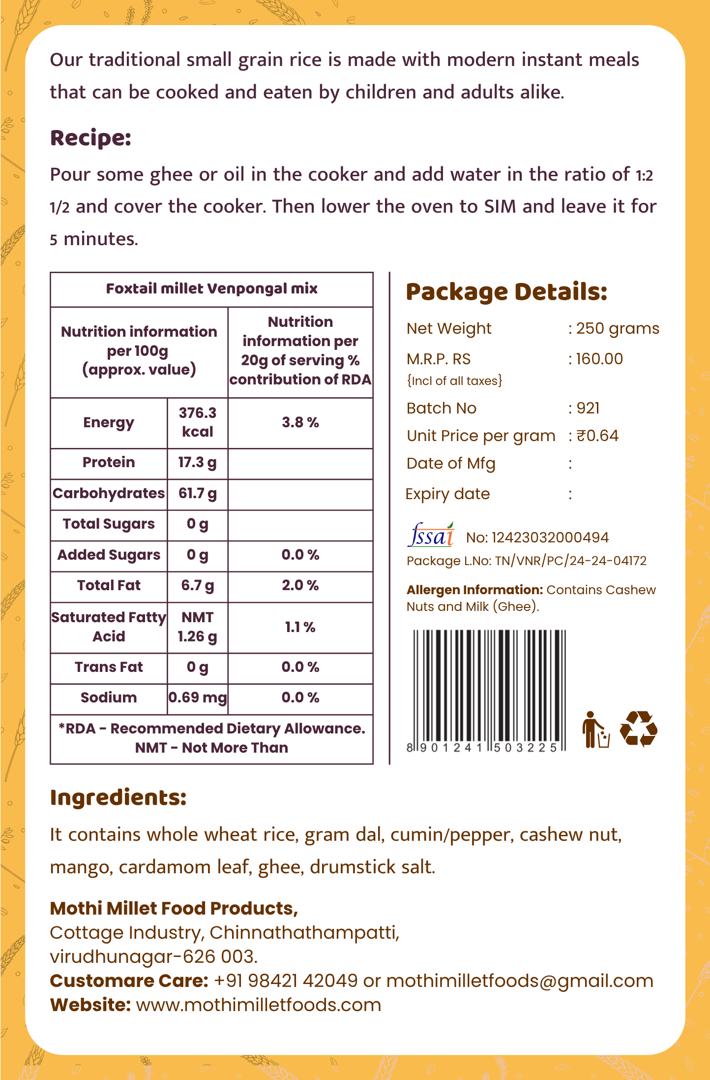 Mothi Millet Instant Foxtail Millet (Thinai) Venpongal Mix – 250g - Image 2