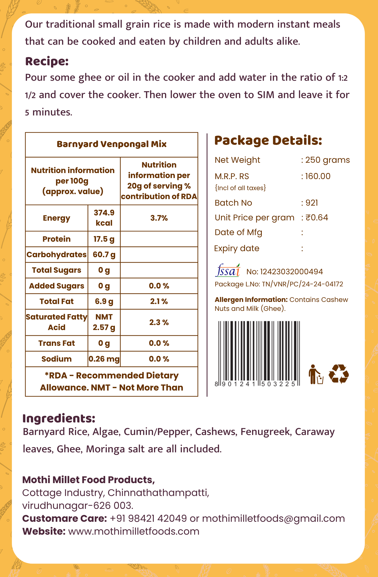 Mothi Millet Instant Barnyard Millet (Kuthiraivali) Venpongal Mix – 250g - Image 3