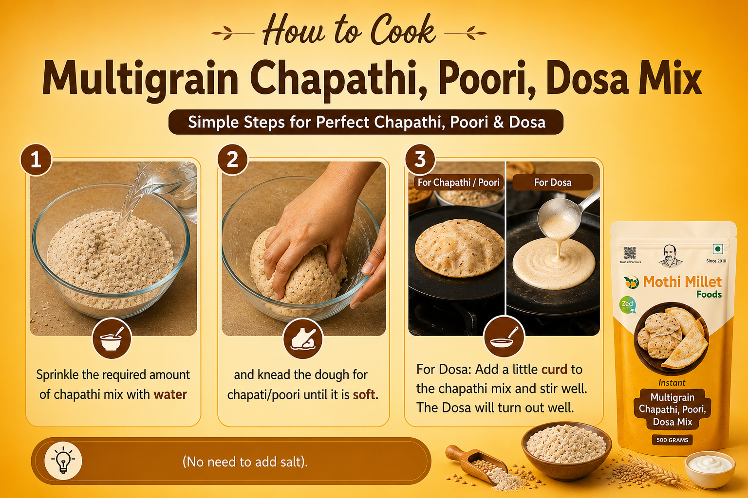 Mothi Millet Foods Multigrain Chapathi, Poori & Dosa Mix | 500g - Image 3