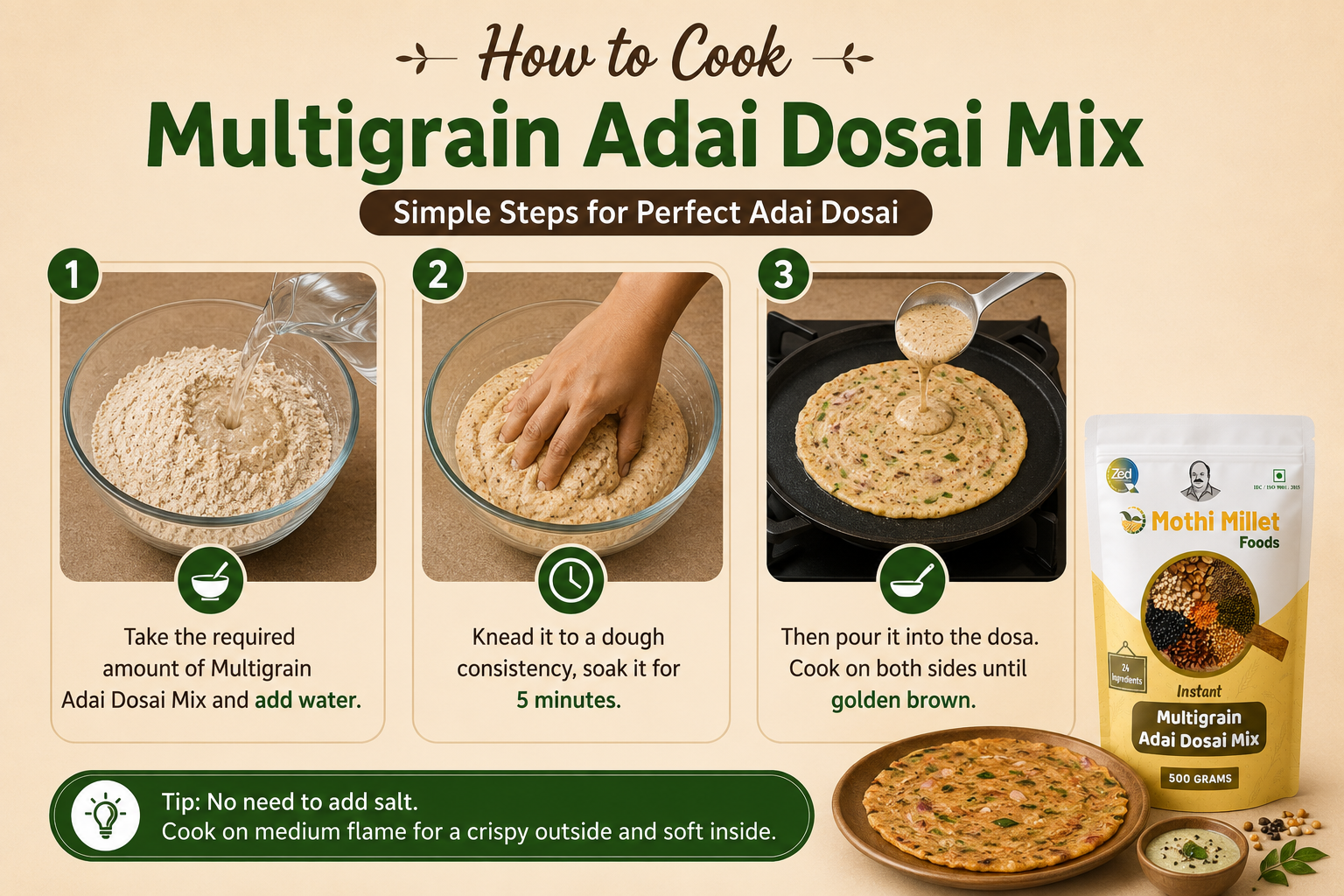 Mothi Millet Foods Multigrain Adai Dosai Mix – Instant | 500g - Image 3