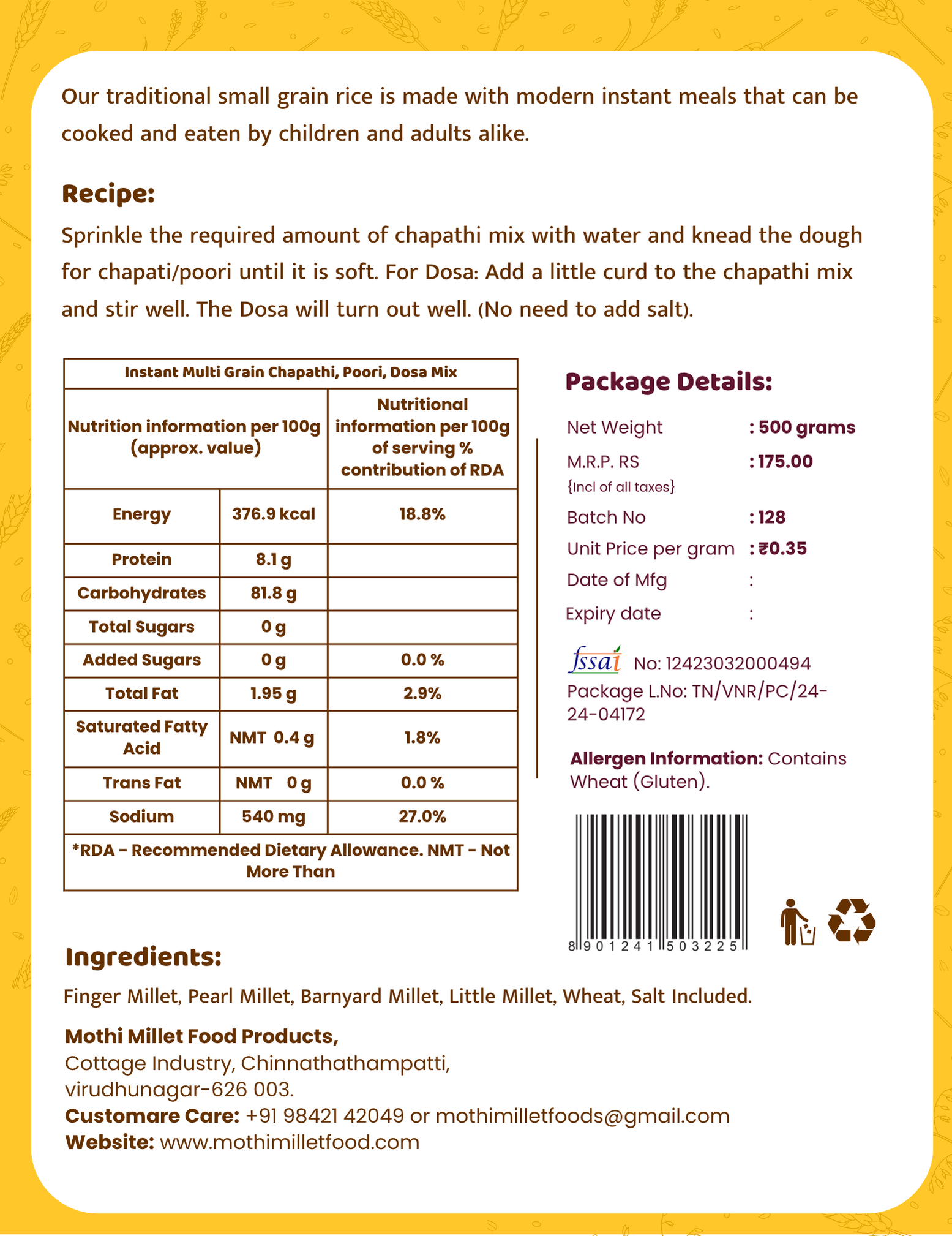 Mothi Millet Foods Multigrain Chapathi, Poori & Dosa Mix | 500g - Image 2
