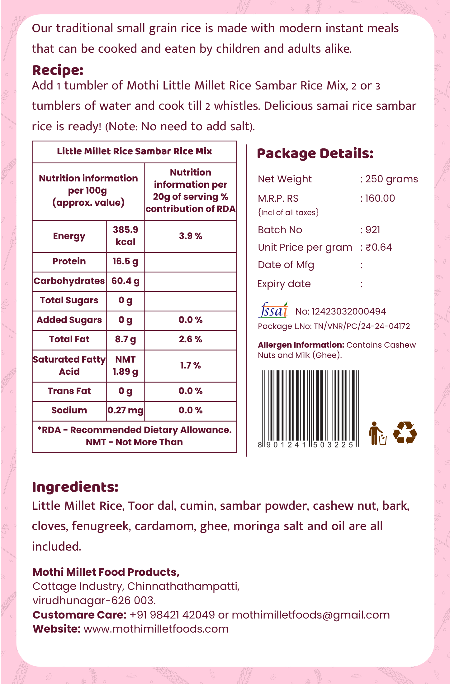 Mothi Millet Instant Little Millet Rice Sambar Rice Mix – 250g - Image 2