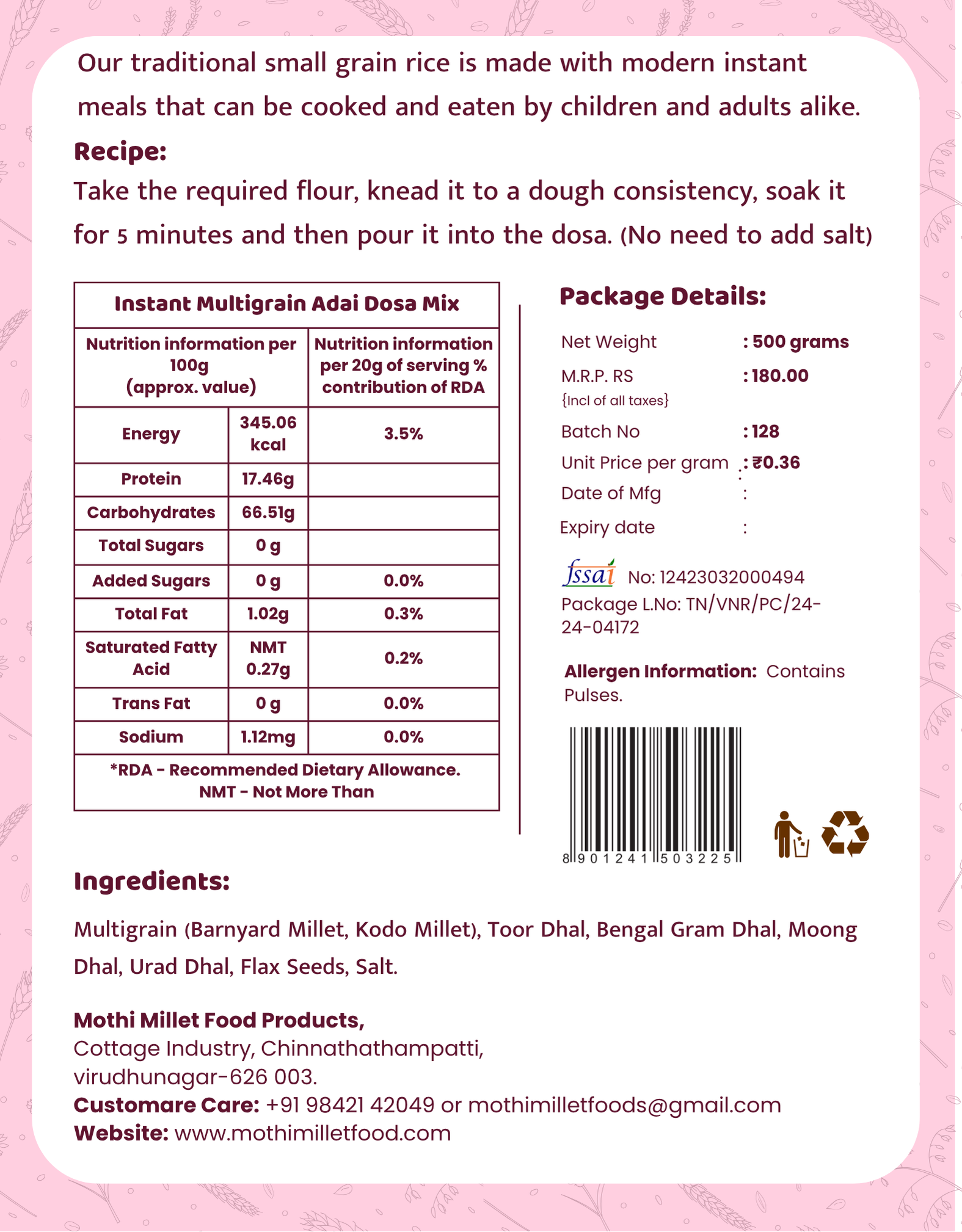 Mothi Millet Foods Multigrain Adai Dosai Mix – Instant | 500g - Image 2
