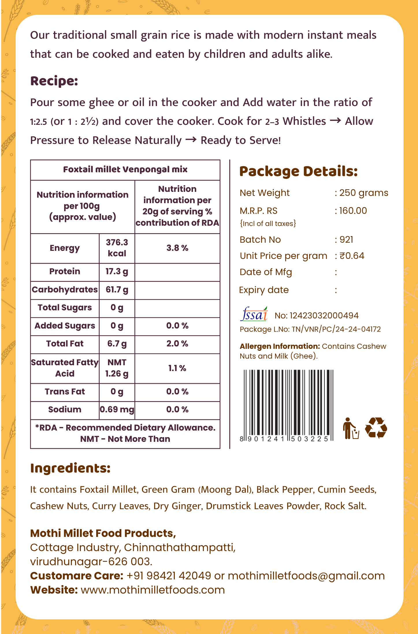Mothi Millet Instant Foxtail Millet Venpongal Mix – 250g - Image 2
