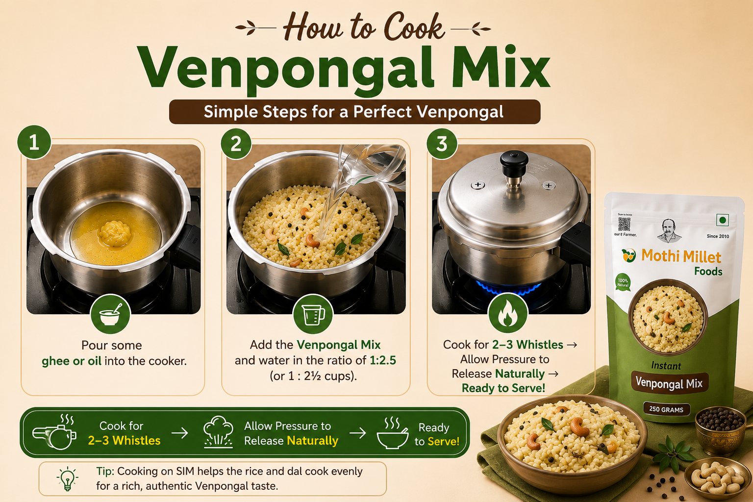 Mothi Millet Instant Foxtail Millet Venpongal Mix – 250g - Image 3