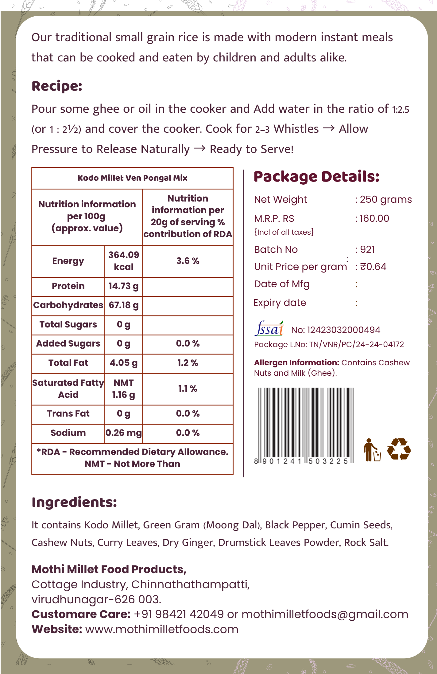 Mothi Millet Foods Barnyard Millet (Kuthuravali) Venpongal Mix – Instant | 250g - Image 2