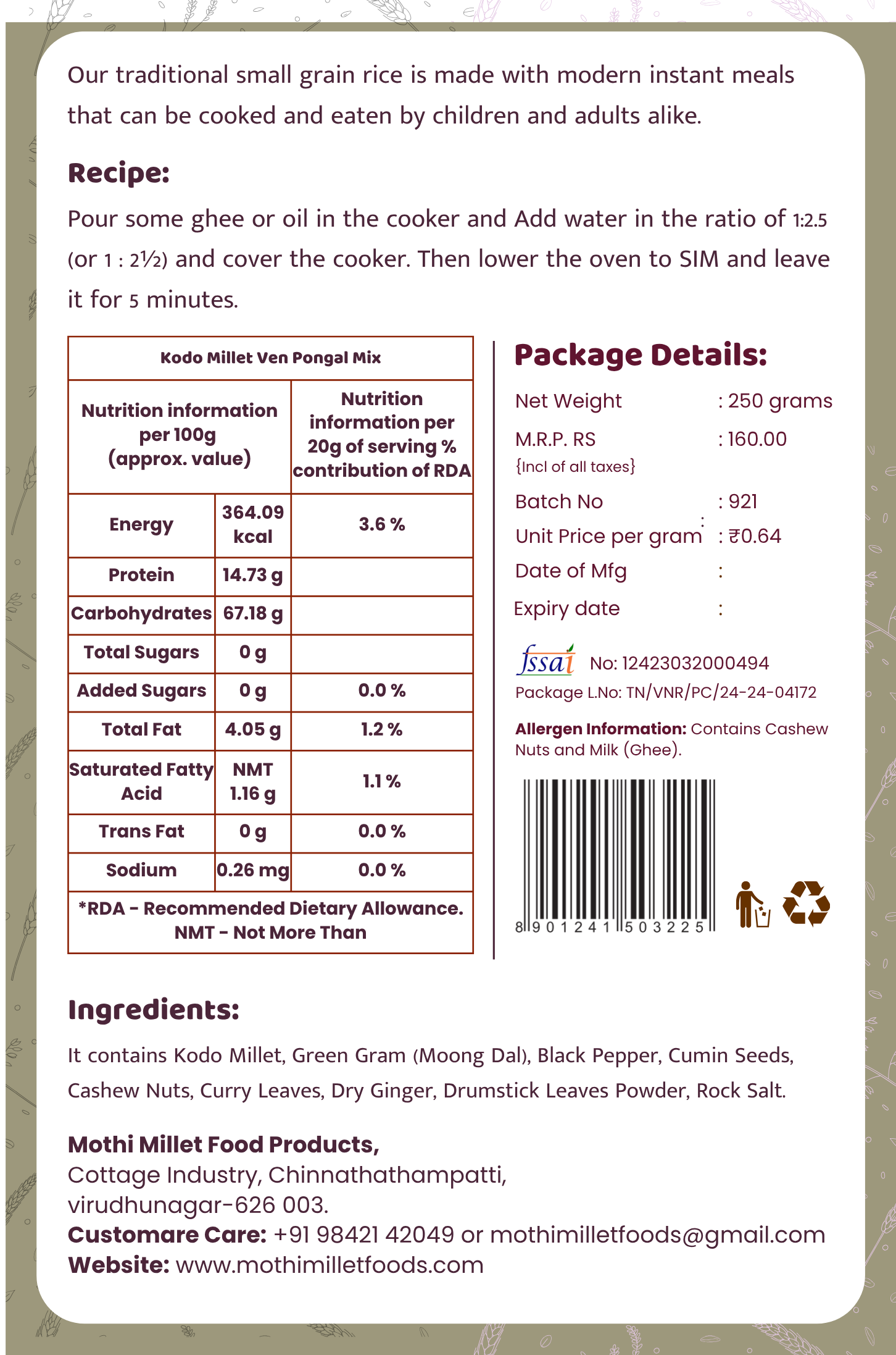 Mothi Millet Foods Kodo Millet (Varagu) Venpongal Mix – Instant | 250g - Image 2
