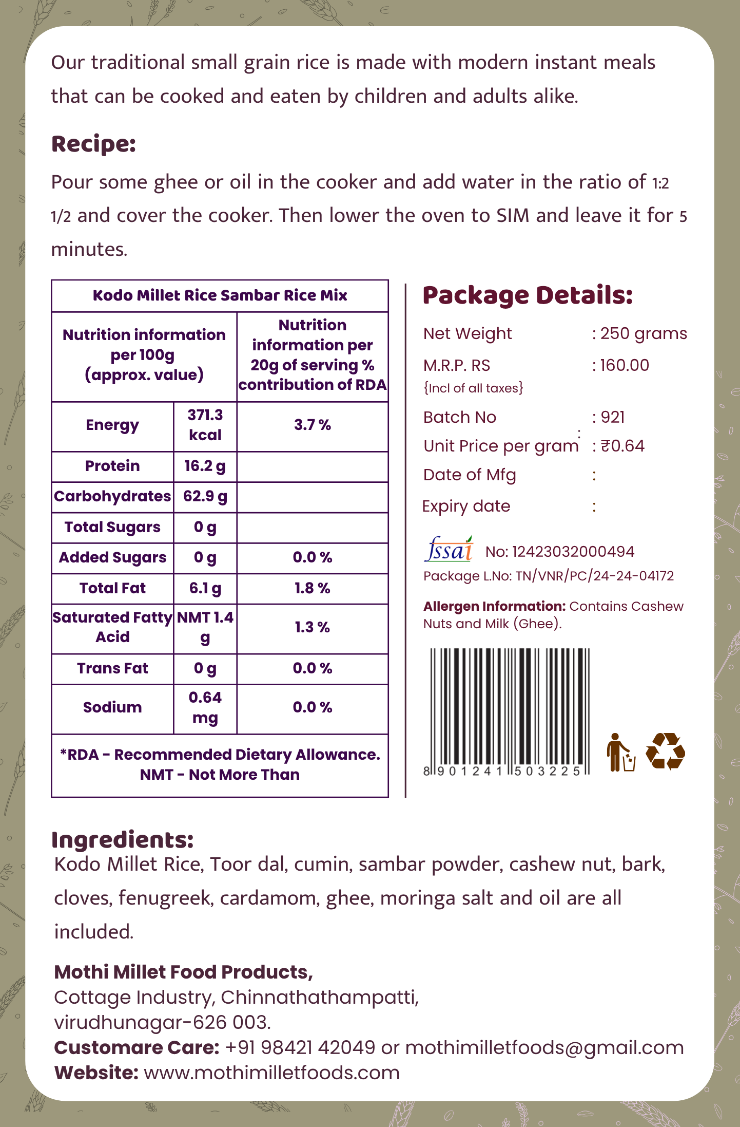 Mothi Millet Instant Kodo Millet Rice Sambar Rice Mix – 250g - Image 2