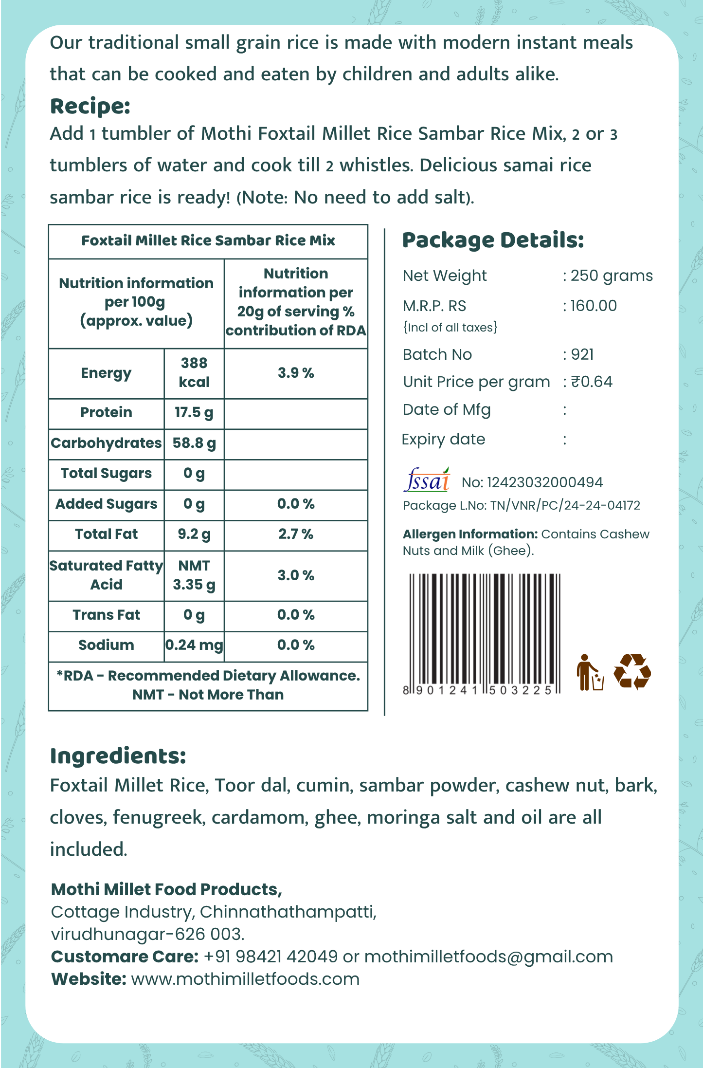Mothi Millet Instant Foxtail Millet Rice Sambar Rice Mix – 250g - Image 2