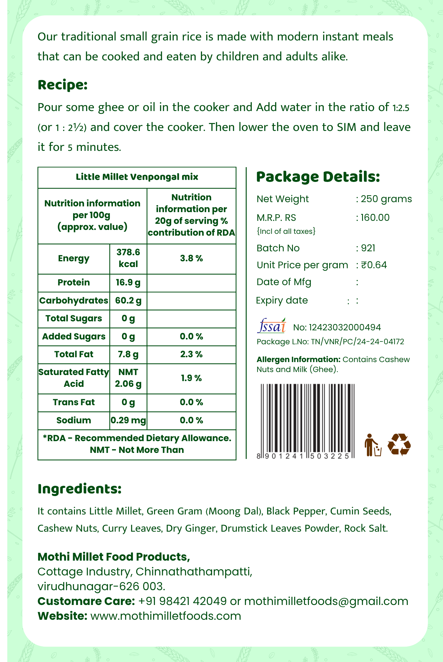 Mothi Millet Instant Little Millet Venpongal Mix (Samai) – 250g - Image 2