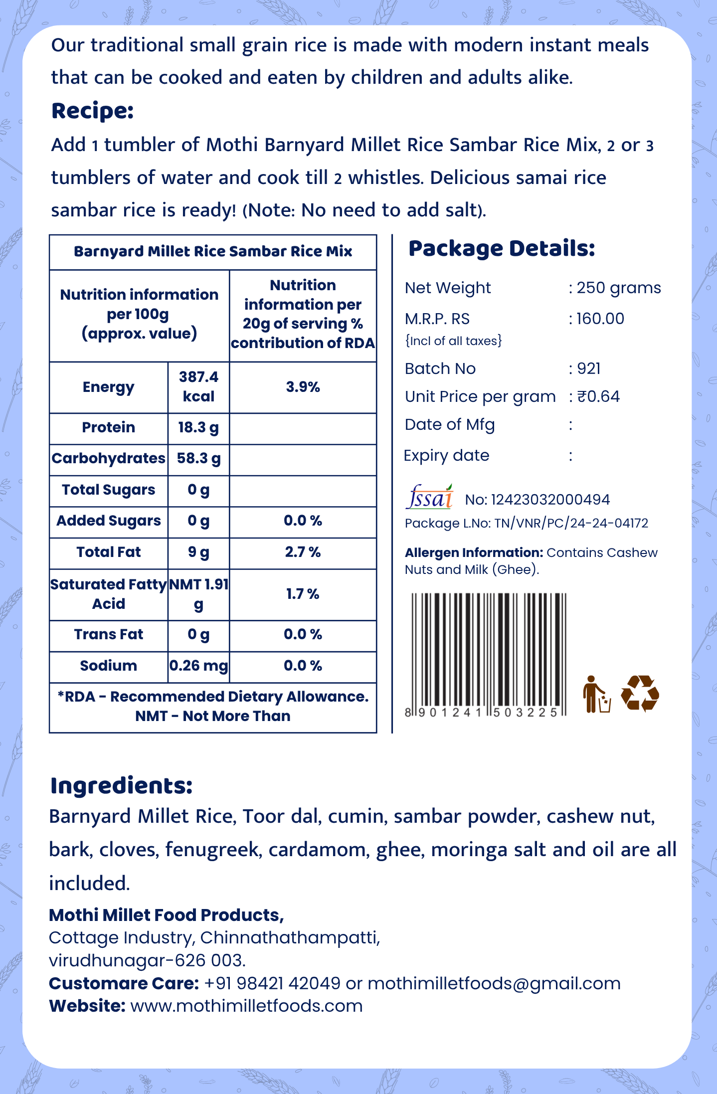 Mothi Millet Instant Barnyard Millet Rice Sambar Rice Mix – 250g - Image 2